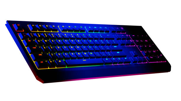 istock Gaming keyboard with RGB light, isolated on a white background. Rainbow keyboard in the air, 3d render 1398748149