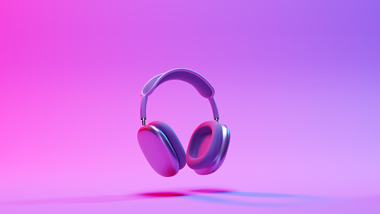 Fashionable headphones, 3d rendering. Pink headphones, on a neon background. Concept of smartphone devices, minimalistic 3D illustration