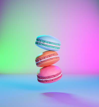 Flying macaroons, 3d render. Colorful macaroons levitating in the air. Delicious cookies, bakery banner