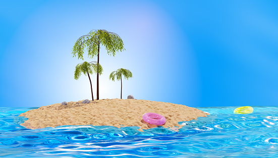 Tropical island with palm trees, 3d render. Sandy island in the ocean. Tropical landscape. Vacation concept.