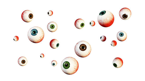 реалистичные человеческие глаза, изолированные на белом фоне. реалистичные кровавые глазные яблоки, 3d рендеринг. хаотично падающие челове� - eyeball стоковые фото и изображения