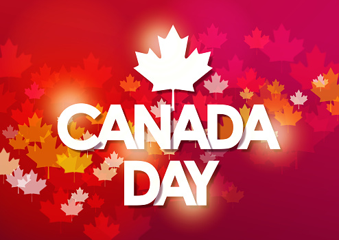 Celebrating the national day of Canada on 1st July with typography and maple leaf symbol on the red bokeh background consist of maple leaves pattern