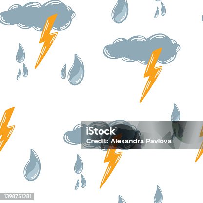 istock Cloud with lightning seamless pattern. Meteorological. Thunderstorm weather symbol for web printing and applications. Vector Hand draw illustration isolated on the white background. 1398751281