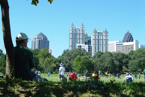 Recreation in the park with a view of the Atlanta, Georgia, skyline.