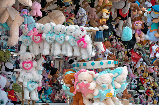 Stuffed animals hanging at the fair in the Netherlands