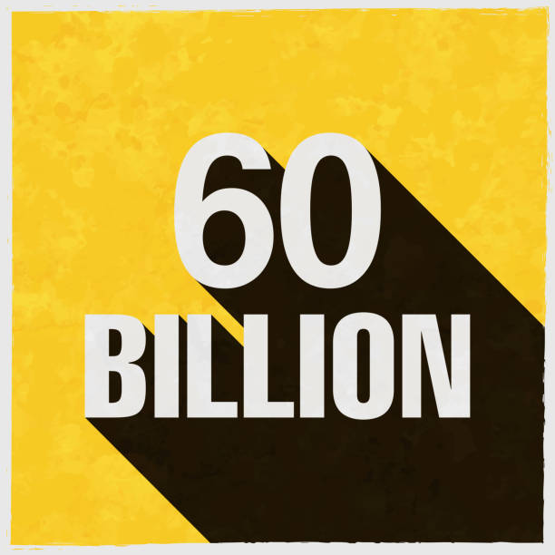 60 Billion. Icon with long shadow on textured yellow background Icon of "60 Billion" in a trendy vintage style. Beautiful retro illustration with old textured yellow paper and a black long shadow (colors used: yellow, white and black). Vector Illustration (EPS10, well layered and grouped). Easy to edit, manipulate, resize or colorize. Vector and Jpeg file of different sizes. billions quantity stock illustrations