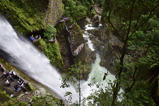 Banos, Ecuador - 26 December 2016: Pailon del Diablo - Mountain river and waterfall in the Andes. Banos, Ecuador