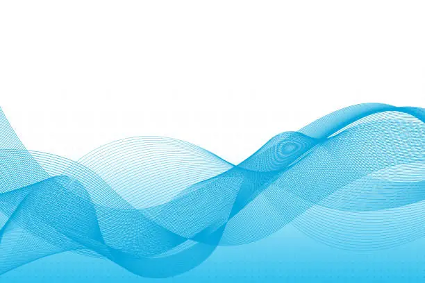 Vector illustration of Abstract blue wave lines that simulate a fluid horizontally on a white background with a dotted pattern, ideal for technology, music, science and the digital world