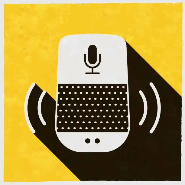 Vector illustration of Voice assistant - smart speaker. Icon with long shadow on textured yellow background