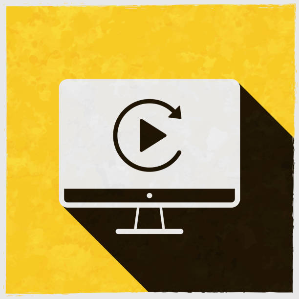Replay on desktop computer. Icon with long shadow on textured yellow background Icon of "Replay on desktop computer" in a trendy vintage style. Beautiful retro illustration with old textured yellow paper and a black long shadow (colors used: yellow, white and black). Vector Illustration (EPS10, well layered and grouped). Easy to edit, manipulate, resize or colorize. Vector and Jpeg file of different sizes. replay stock illustrations