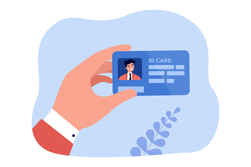 Hand of company worker holding ID card. Pass with photo and information of male employee flat vector illustration. Identification, security concept for banner, website design or landing web page
