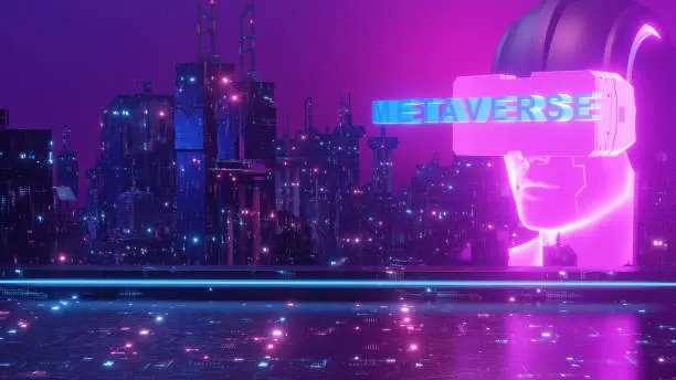 Metaverse VR Virtual Reality Neon Cyberpunk Blockchain Cityscape Wallpaper Background 3d Illustration
