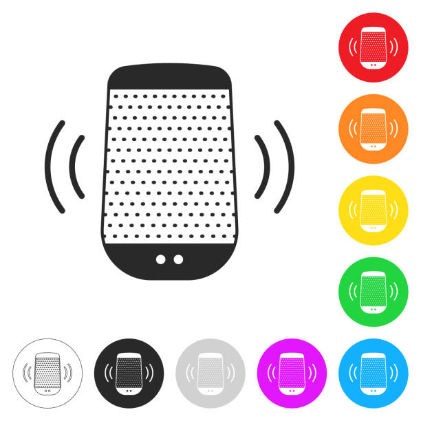 ilustrações, clipart, desenhos animados e ícones de alto-falante inteligente - assistente de voz. ícone em botões coloridos - clip art audio