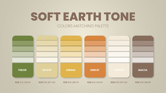 Earth tone color palettes or color schemes are trends combinations and palette guides this year, table color shades in RGB or HEX. Color swatch for a tropical summer fashion, home, or interior design.Colour chart idea vector.