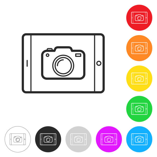 планшетный пк с камерой. иконка на красочных кнопках - home video camera camera digital camera digital video camera stock illustrations