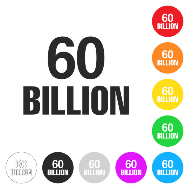60 Billion. Icon on colorful buttons Icon of "60 Billion" isolated on white background. Includes 9 colorful buttons with a flat design style for your design (colors used: red, orange, yellow, green, blue, purple, gray, black, white, line art). Each icon is separated on its own layer. Vector Illustration with editable strokes or outlines (EPS file, well layered and grouped). Easy to edit, manipulate, resize or colorize. Vector and Jpeg file of different sizes. billions quantity stock illustrations