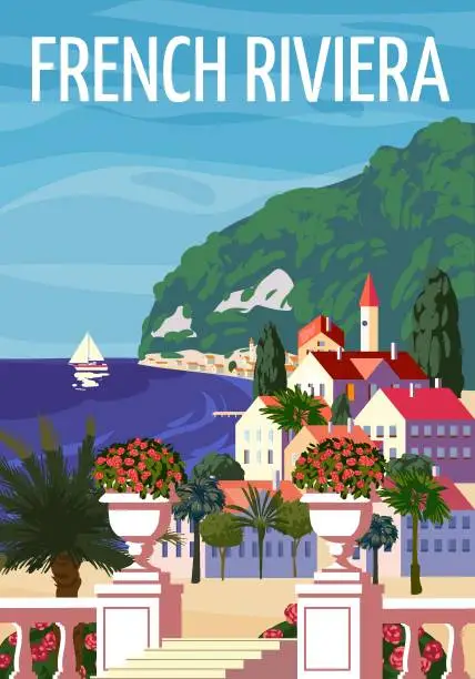 Vector illustration of French Riviera Nice coast poster vintage. Resort, coast, sea, beach. Retro style illustration vector