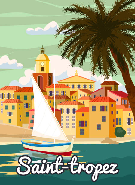 Saint-Tropez France Travel Poster, old city Mediterranean, retro style. Cote d Azur of Travel sea vacation Europe. Vintage style vector illustration Saint-Tropez France Travel Poster, old city Mediterranean, retro style. Cote d Azur of Travel sea vacation Europe. Vintage style vector illustration isolated france village blue sky stock illustrations