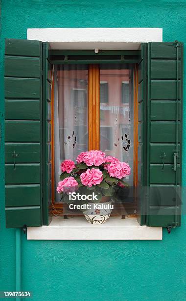 Photo libre de droit de Fenêtre Avec Hortensia banque d'images et plus d'images libres de droit de Beauté de la nature - Beauté de la nature, Burano, Cache-pot