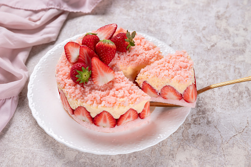Strawberry cake, Fraisier cake on cncrete background