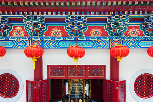 Facade of historical Chinese temple in Hong Kong