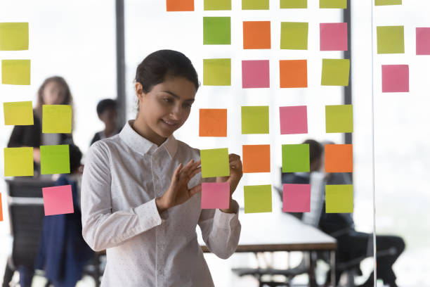 istock Successful busy young Indian employee preparing presentation on glass board 1398758242