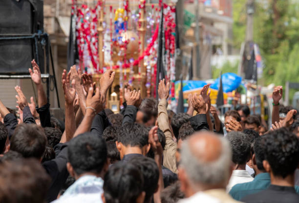 Ashura Islamic holy day for Shia Muslims; mourning azadari rituals. Remembrance ceremonies for martyrdom of Imam Hussain. Ritual self-flagellation with chains