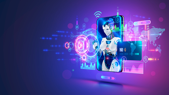 Banking chat bot with AI on screen phone. Artificial intelligence in fintech. Chatbot service of online bank. App with Financial Analytics on smartphone. Woman robot work in support of internet bank.