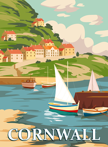 Cornwall Vintage Poster, South West England, United Kingdom. Travel poster coast, buikdings, sailboats. Vector illustration retro style, isolated