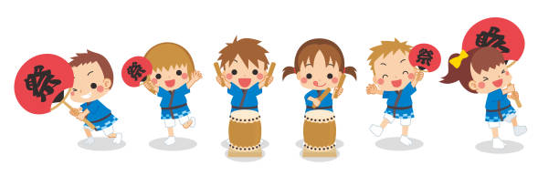 маленькие дети и японский - taiko drum stock illustrations