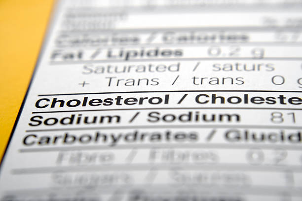 Cholesterol Nutrition fatcs label focused on Cholesterol. sodium intake stock pictures, royalty-free photos & images
