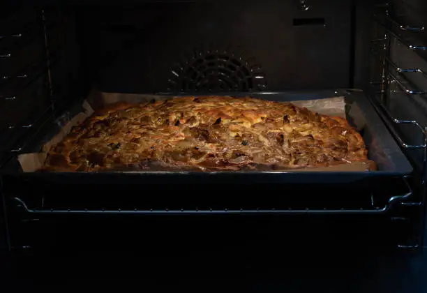 Traditional german onion cake from east germany is baking in the oven. Closeup view