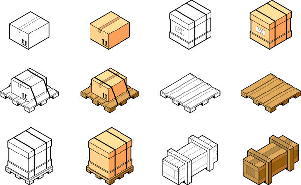 pakowanie towarów - packaging freight transportation pallet isometric stock illustrations