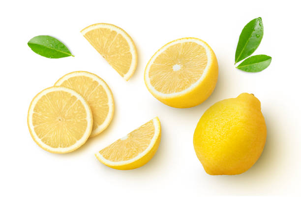 背景にホワイトのレモン - slice of lemon ストックフォトと画像