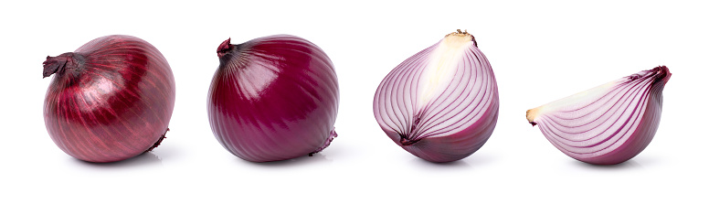 Whole and half sliced of red onion isolated on white background.