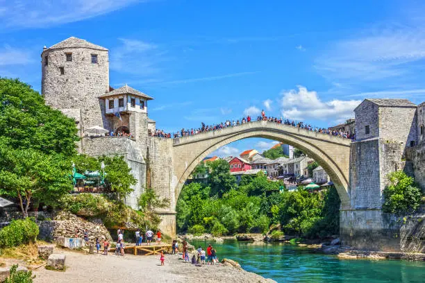 MOSTAR, BOSNIA AND HERZEGOVINA - AUGUST 12, 2021: Mostar bridge view in Bosnia and Herzegovina