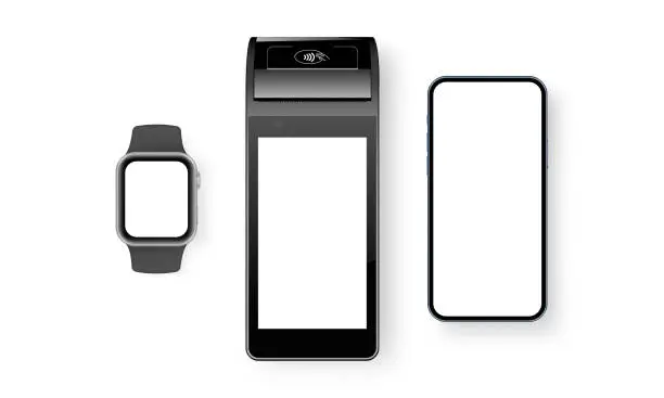 Vector illustration of Mobile Payment Terminal Mockup With Smartphone and Smartwatch
