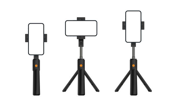 ilustrações de stock, clip art, desenhos animados e ícones de tripod stand and monopod with smartphone vertical, horizontal screen - tripod