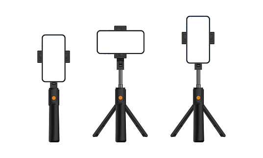 Tripod Stand and Monopod With Smartphone Vertical, Horizontal Screen, Isolated On White Background. Vector Illustration