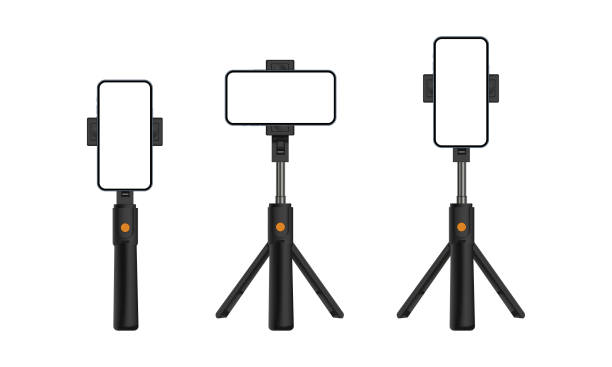 Tripod Stand and Monopod With Smartphone Vertical, Horizontal Screen Tripod Stand and Monopod With Smartphone Vertical, Horizontal Screen, Isolated On White Background. Vector Illustration tripod stock illustrations