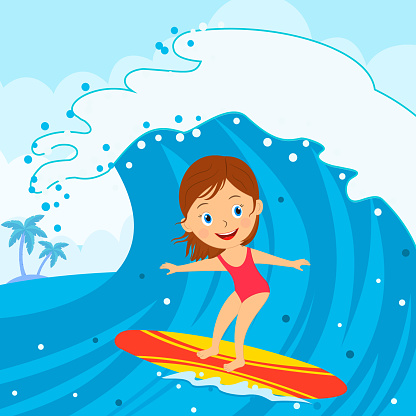 Young girl surfing on the wave in the sea,illustration vector