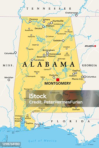 istock Alabama, AL, political map, US state, nicknamed The Yellowhammer State 1398768180
