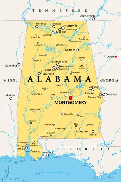 Vector illustration of Alabama, AL, political map, US state, nicknamed The Yellowhammer State