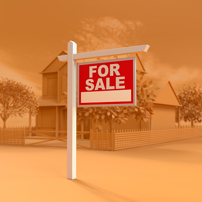 Home For Sale Real Estate Sign and Monochrome House Orange Background. 3d Rendering
