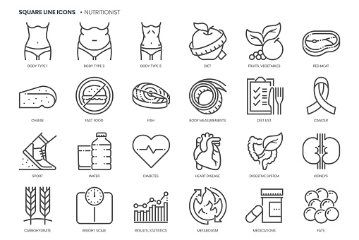 Nutritionist related, pixel perfect, editable stroke, up scalable square line vector icon set.