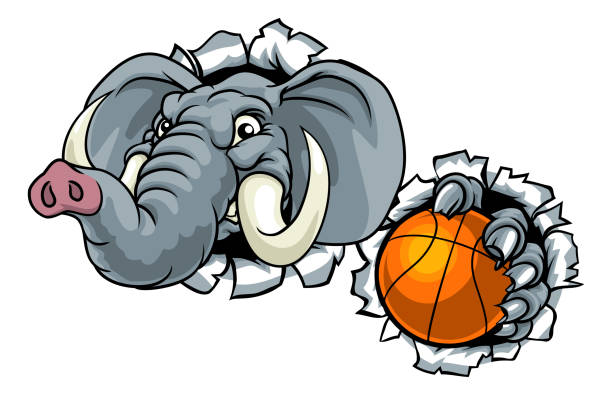 Elephant Basketball Ball Sports Animal Mascot An elephant basketball sports animal mascot holding a ball and breaking through the background republican elephant logo stock illustrations
