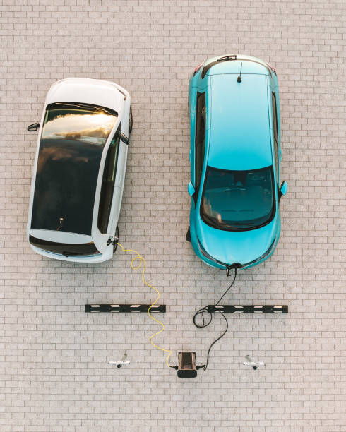 Charging Electric Cars. Top Down View stock photo