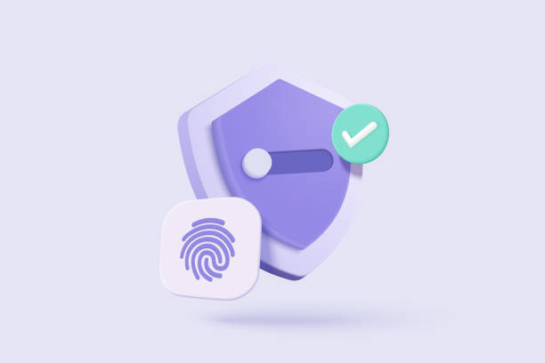 ilustraciones, imágenes clip art, dibujos animados e iconos de stock de icono de ciberseguridad de huellas dactilares en 3d. concepto de autenticación de seguridad digital. escaneo de dedos para autorización, identidad. ilustración de renderizado vectorial de signo de escaneo de huellas dactilares 3d sobre fondo púrpura - detective badge