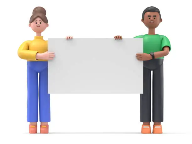 Photo of 3D illustration of cartoon characters holding an empty white placard for insert a conceptconceptual image.3D rendering on white background.