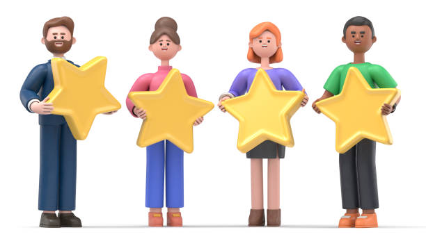3D illustration of customer review rating concept. Multicultural people characters giving feedback with stars. Cute cartoon clients with high quality satisfaction service, positive rank and support. ilustración 3d del concepto de calificación de reseñas de clientes. personajes de personas multiculturales dando retroalimentación con estrellas. lindos clientes de dibujos animados con servicio de satisfacción de alta calidad, rango positivo y soport